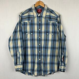 Lucky Brand Western Pearl Snap Button Up Shirt Blue Plaid Sawtooth Men's Size M